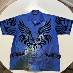 Y2K No Boundaries Tribal Pattern Blue Short Sleeve Button Down Shirt Size Large